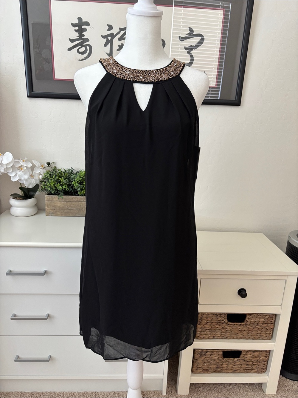 New BCX Black Mini Dress with Bronze Beaded Halter